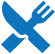 Blue icon of a fork and knife crossed over each other, symbolizing food or dining, often seen in markets to indicate available meal options.